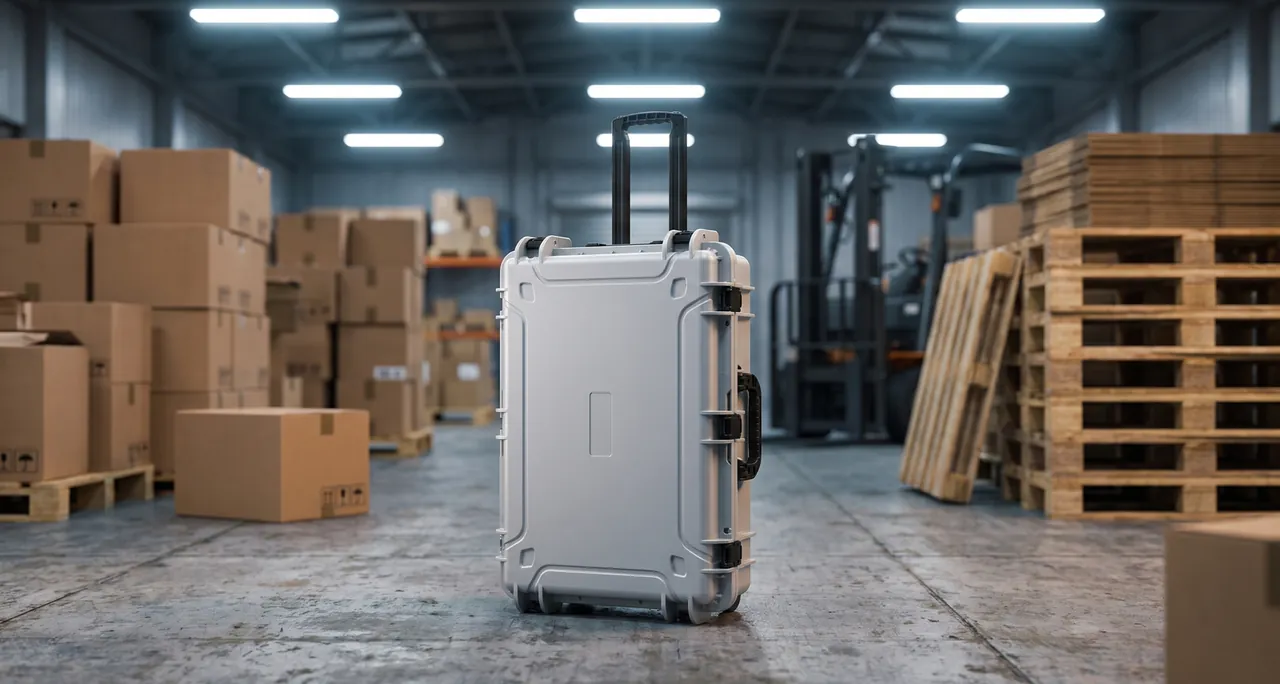 Protective cases stacked on warehouse racks