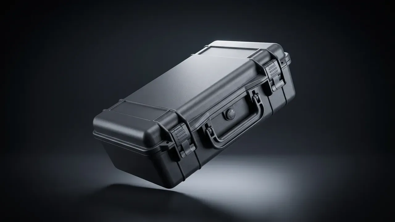 ODM custom protective case: a black case floats on a dark grey gradient, a long recessed platform in the lid, one latch each side