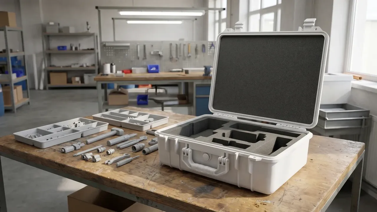 ODM plastic case supplier: white case open on a timber bench, black foam cut into pockets, white parts trays and small plastic fittings beside it, shelving behind