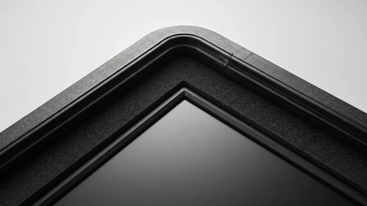 OEM plastic cases for electronics, black corner close-up, grained shell, a black seal running along the rim, dark foam holding a glossy black panel