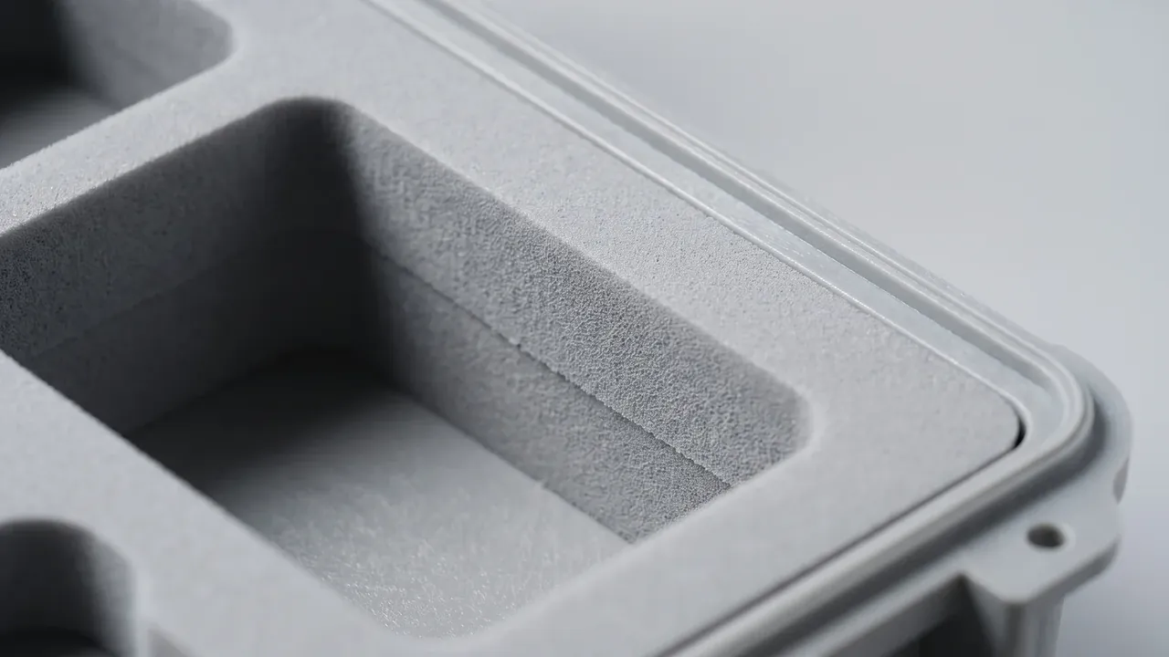 OEM plastic enclosure and case: close-up of a square foam pocket, rounded corners, fine foam texture, a grey shell rim, one screw boss.