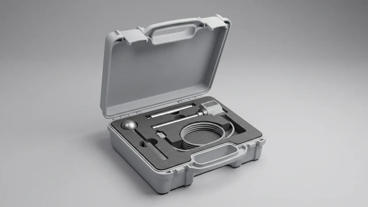 OEM plastic enclosure and case: grey case standing open with an empty lid, a metal rod and sensor in grey foam, coiled cable, two latches.