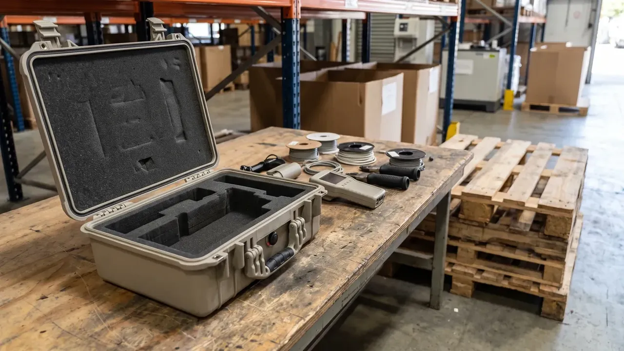 OEM plastic molded protective case: a beige case open on a warehouse bench, die-cut foam in lid and base, cable spools beside it
