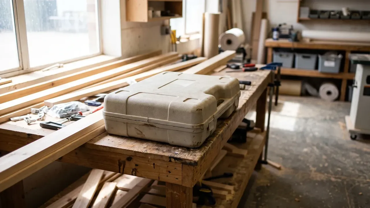 OEM plastic molded protective case: a light gray closed case on a timber bench, ribs and two latches on the lid, clamps around