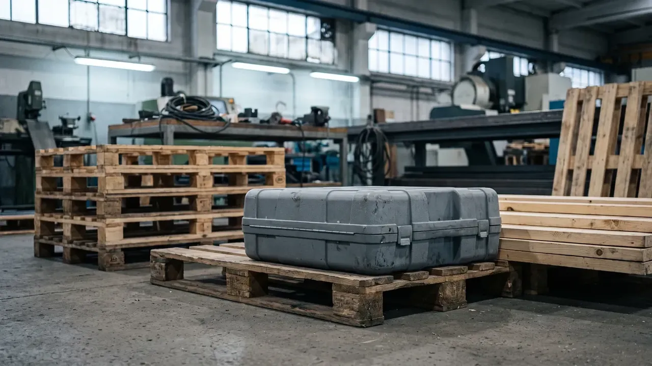 OEM rolling tool chest manufacturer: dark grey case closed on a timber pallet, four lengthwise ribs, two latches, stacked pallets and machines behind