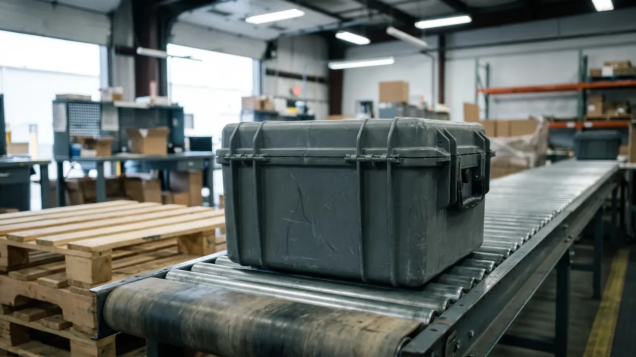 OEM rolling tool chest manufacturer: graphite case resting on a roller conveyor, four lengthwise ribs along the lid edge, one black latch, shelving behind