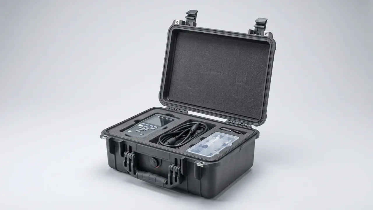 Ordnance Packing Box: black case open with its lid upright, foam lining the lid, pockets holding a handheld terminal, coiled cable and a compartment box