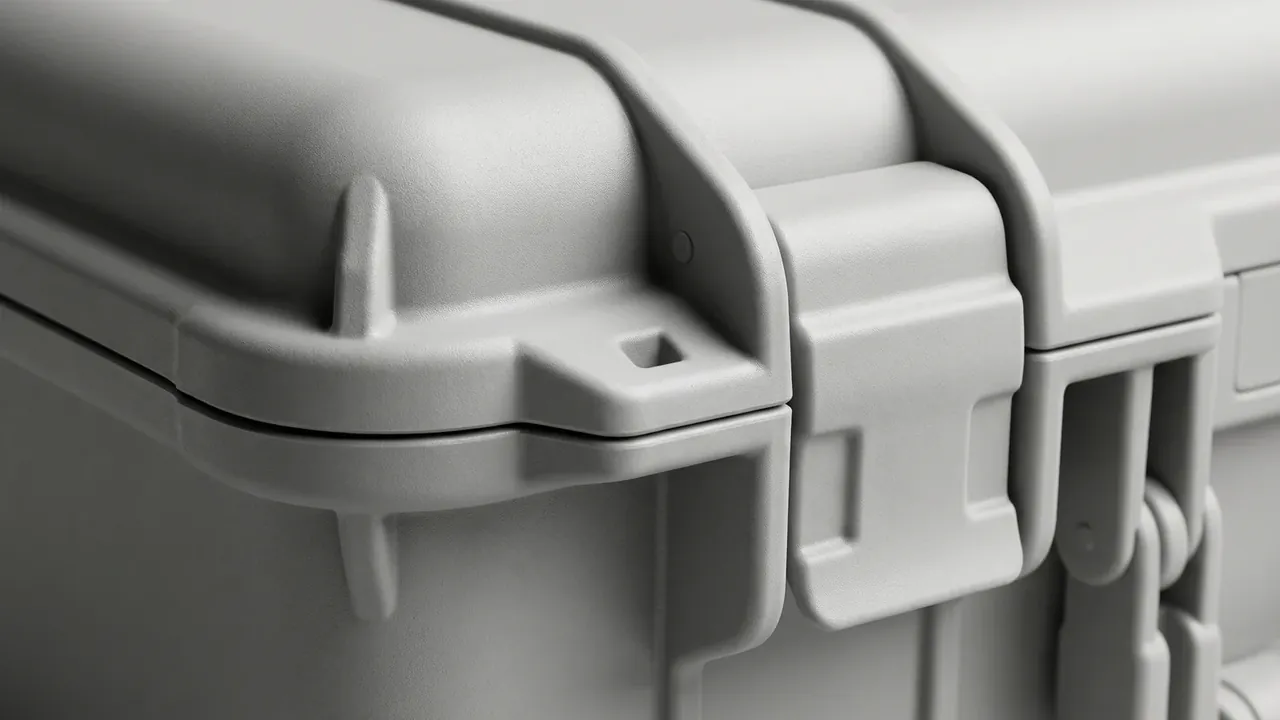 Ordnance Packing Box: pale grey corner close-up, lid and body rims aligned, a clamped draw latch, a square lug, a second lever at right