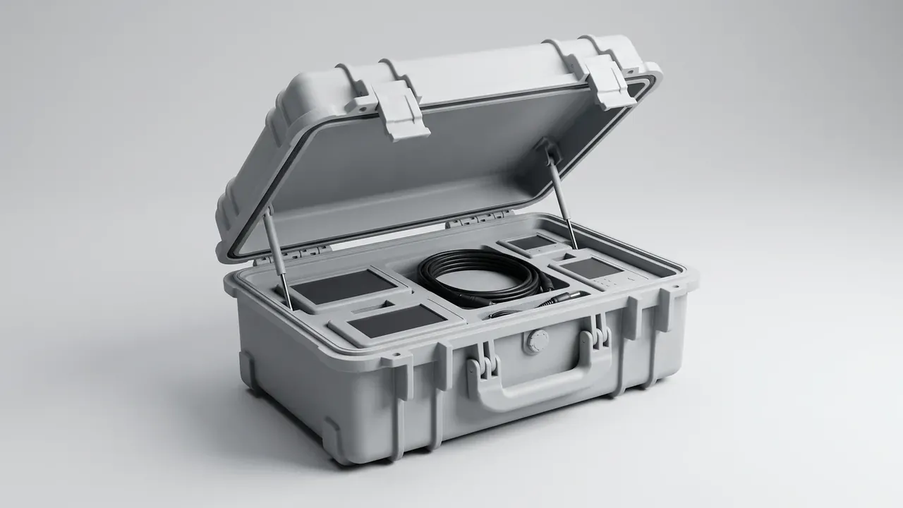 Ordnance Packing Box: pale grey case open, black gasket ring in the lid, two wire stays, a coiled cable in the insert