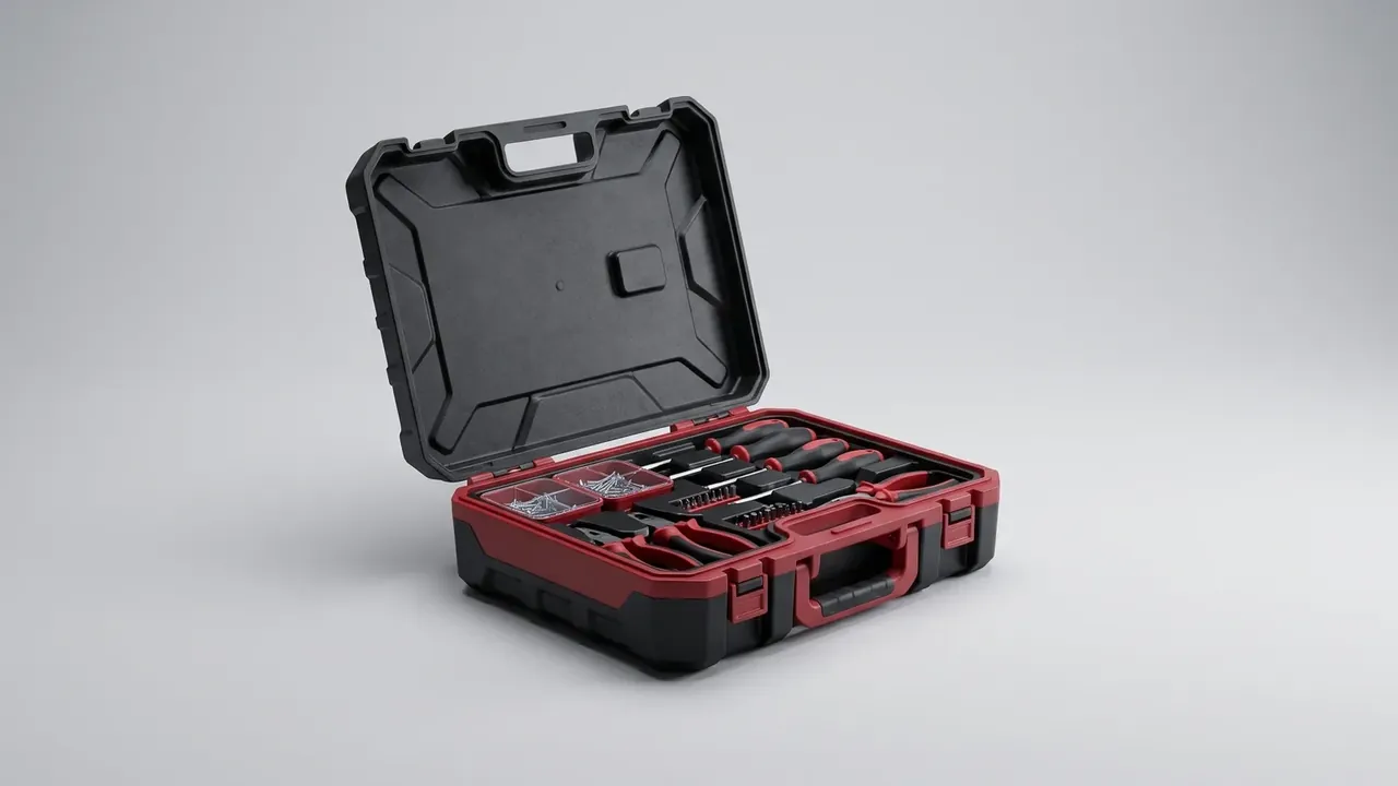 Thin blow-molded red tool case open, foam tray filled with driver bits
