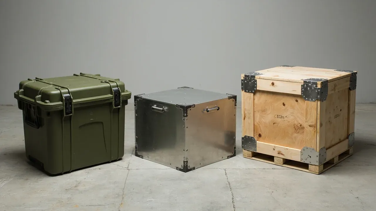 Rotomolded case, steel box and plywood crate lined up on concrete