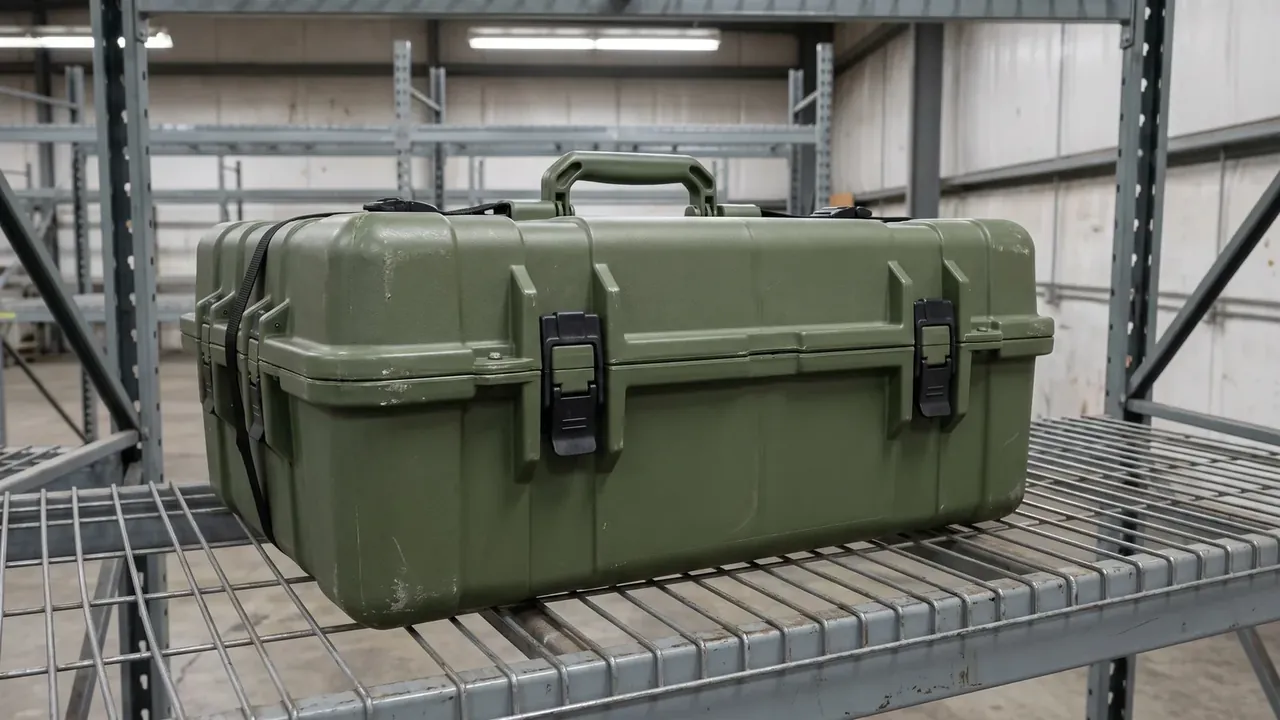 Coarse rotomolded olive skin, black latches and handle both scuffed