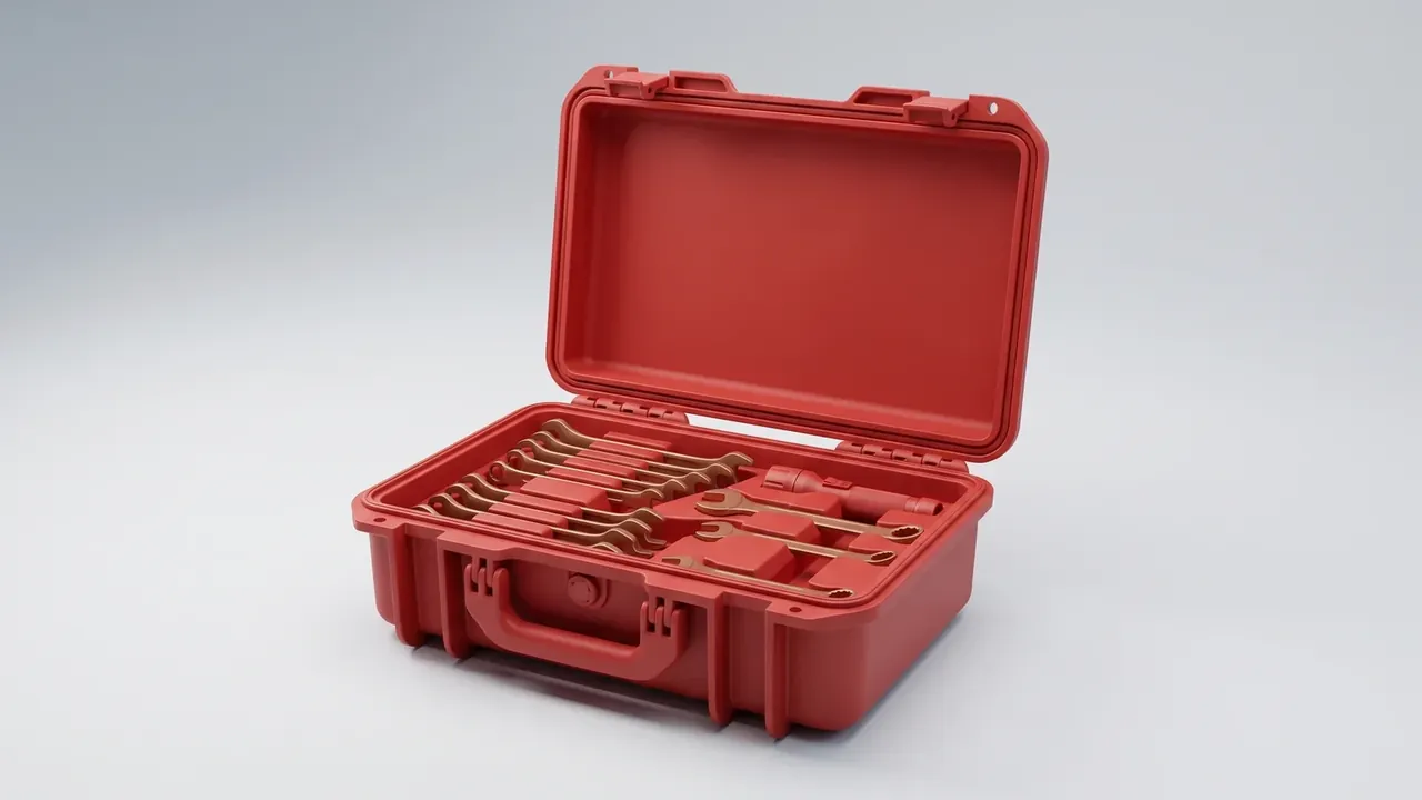 Ordnance Packing Box: red case open, bare gasket groove in the lid, dark partitioned insert holding a set of spanners, round valve on the front
