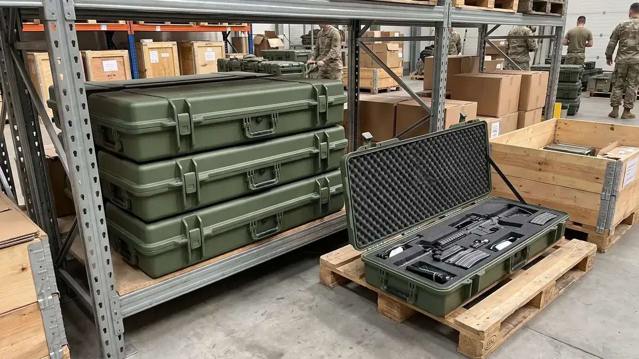 Ordnance packing box: three olive cases stacked on a steel rack beam, two latches and a metal handle each, an open case with egg-crate foam