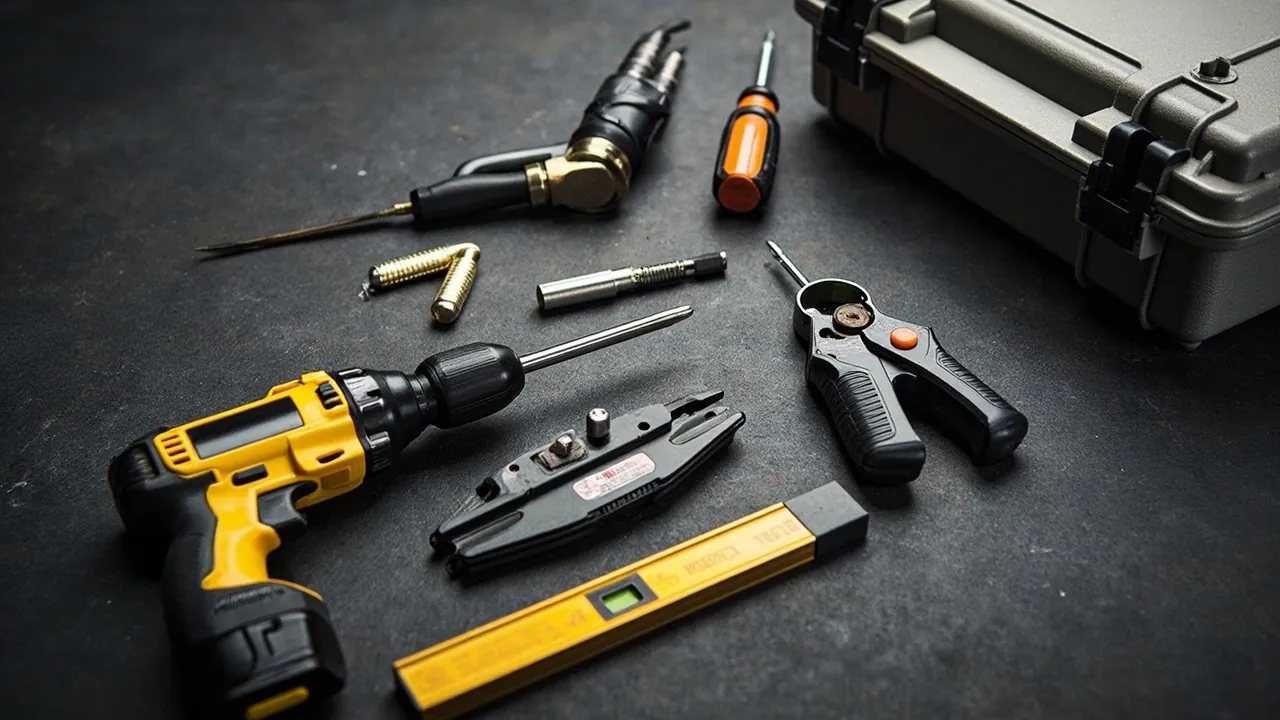 Drill screwdriver gland wrench and level for enclosure installation