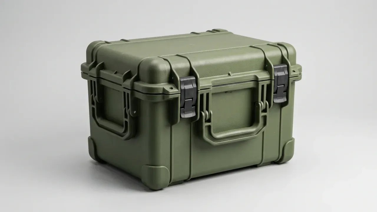 Outdoor case: olive-green body closed horizontally, two black latches at the front, recessed side handles, rubber corner caps, light grey background
