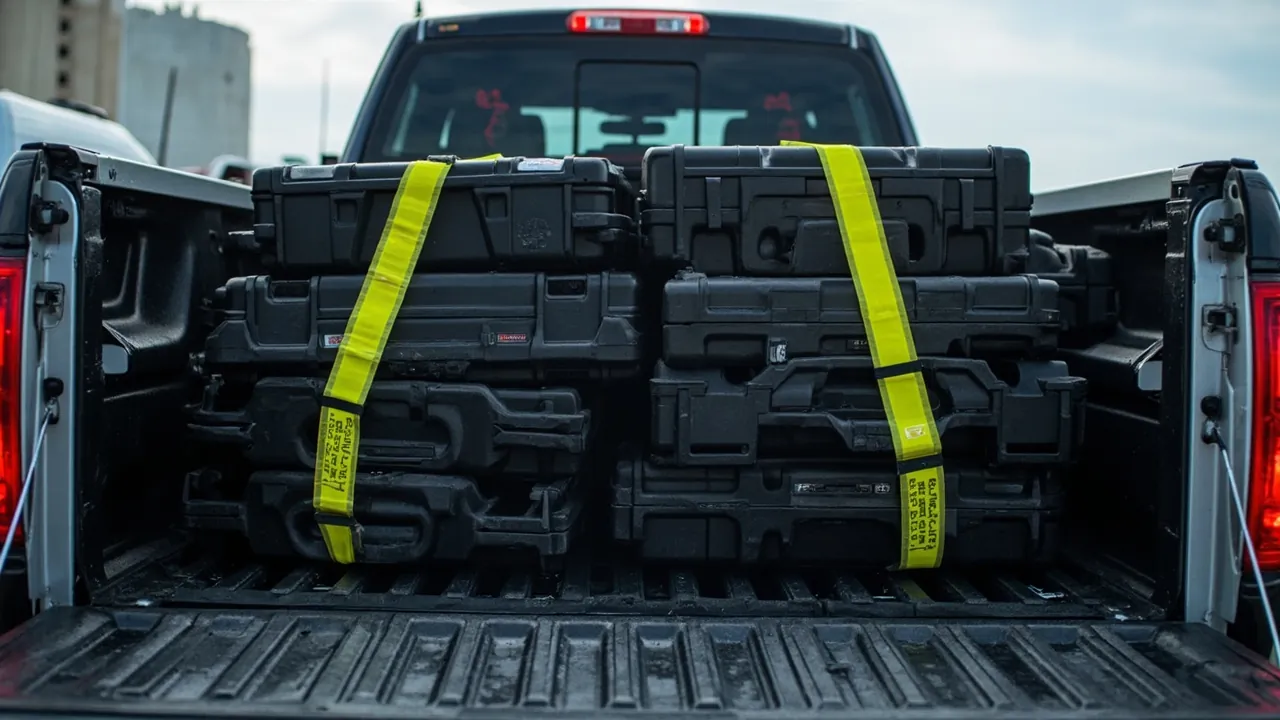 Stacked cases strapped in a truck bed