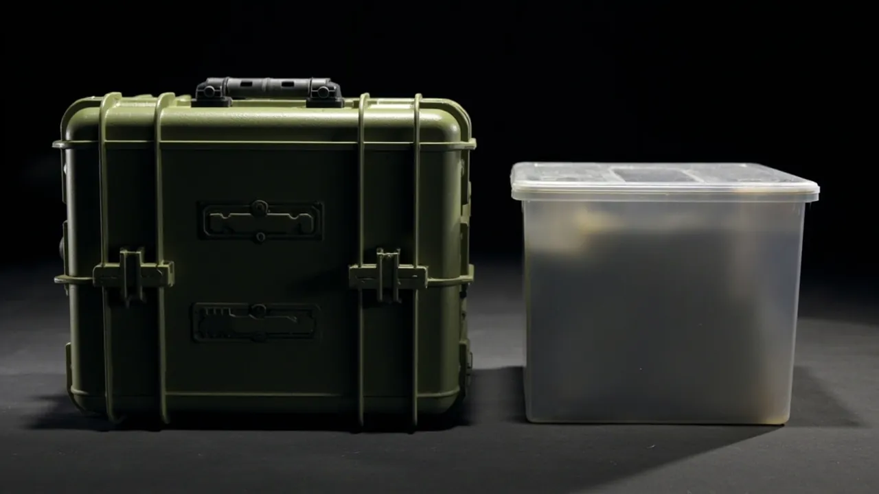 Rugged case beside a thin plastic storage box