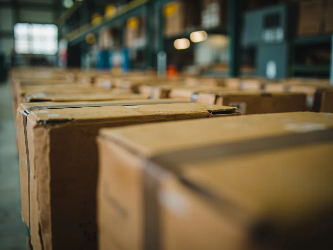 Shipping-area scene of customized parts boxes stacked by label, with asset codes and specification silk-screen clear on the sides