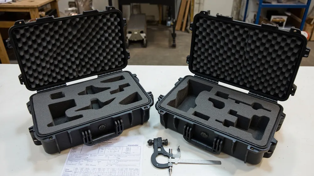 Two open cases showing foam interiors and a caliper