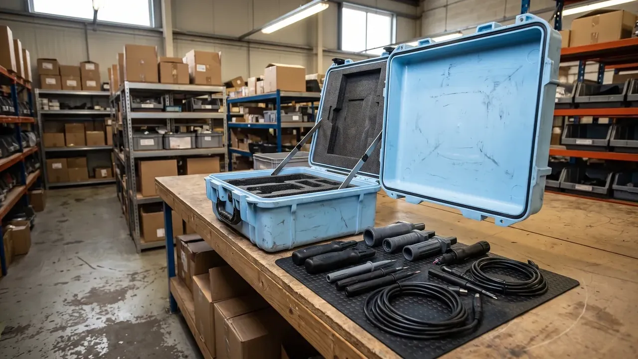 Light blue case open on a wooden bench, grey foam insert, lid held by metal stays