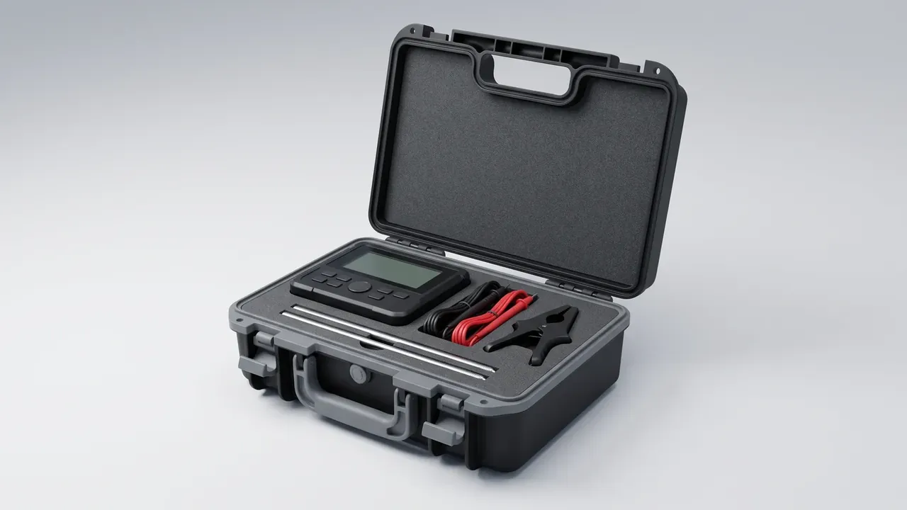Photographic gear plastic case: dark grey case open upright, pale foam in the lid, insert holding a small meter, red and black leads, a clamp