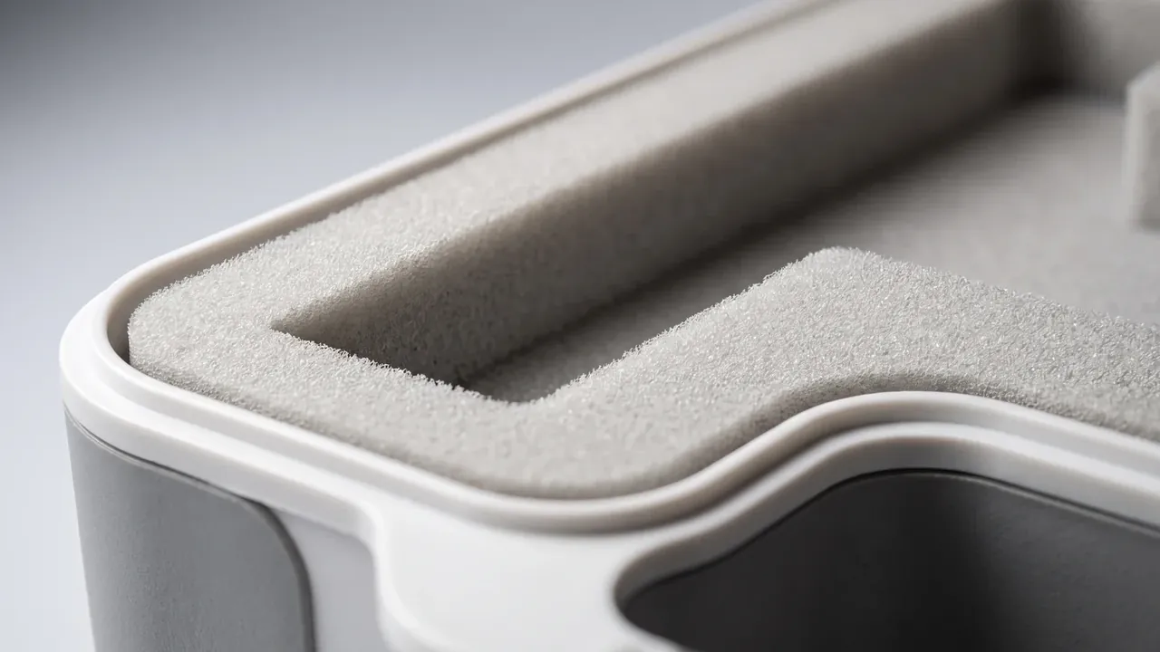 Photographic gear plastic case: corner close-up, white rim, pale foam cut with a long groove and stepped shelf, black insert at right
