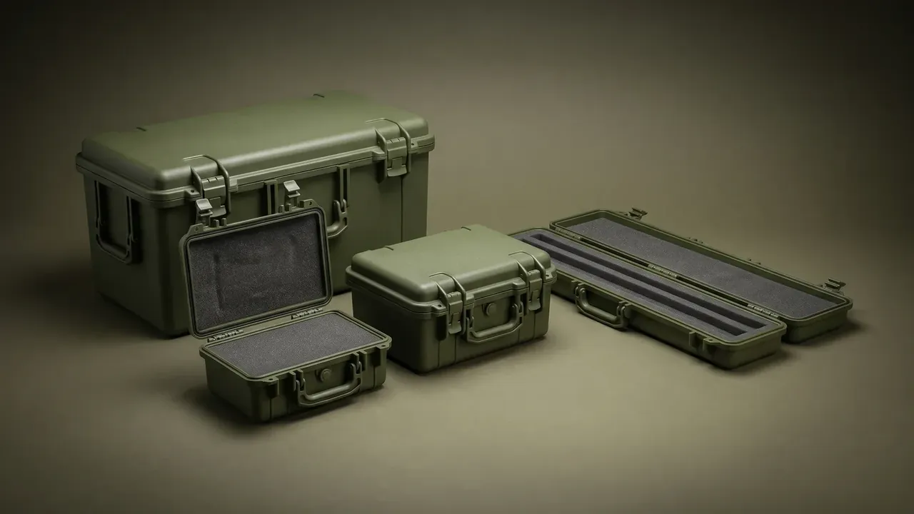 Pistol Case: four olive cases on a dark surface, largest closed on two latches, smallest open showing grey foam, a long case open