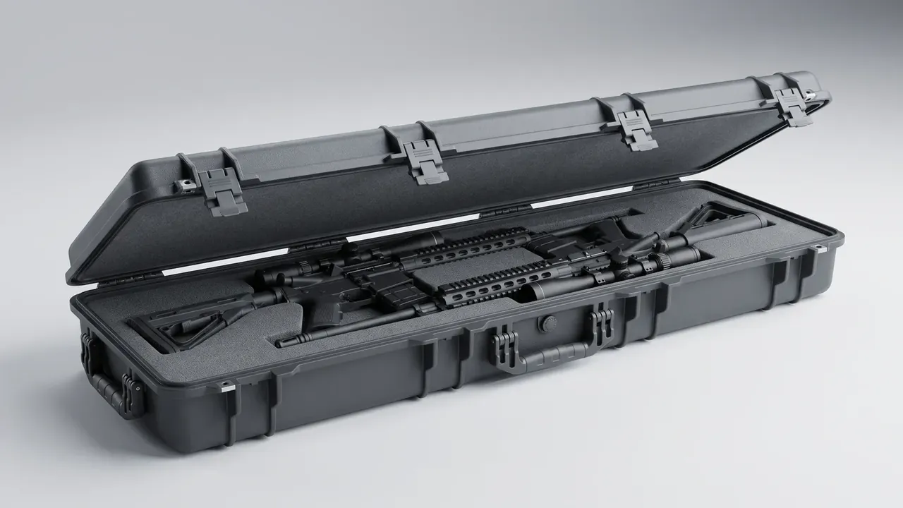 Pistol Case: dark grey long case fully open on a light grey background, egg-crate foam in the lid, five latches along the rim