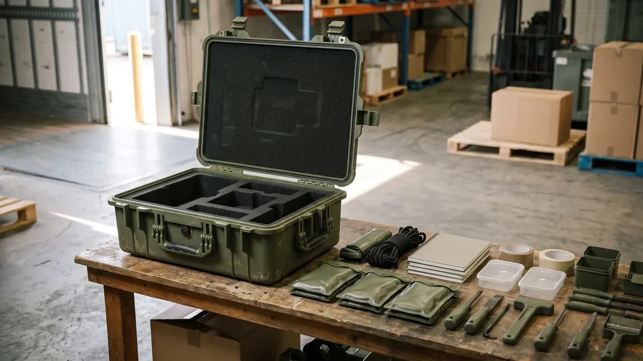 Pistol Case: open olive green case on a warehouse bench, egg-crate lid foam with a square imprint, black foam compartments, desiccant bags and tools