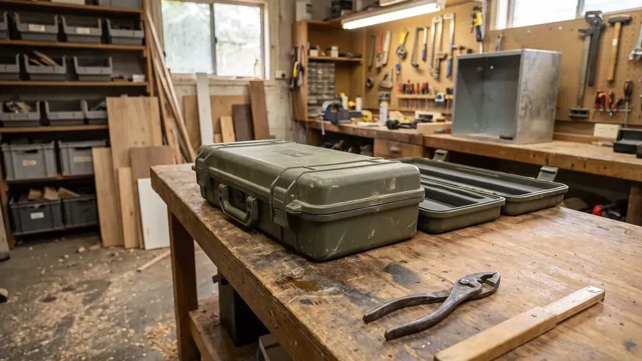 Pistol Case: a closed olive case rests lid up on a workbench, handle and two latches toward the camera, a second shell open at right