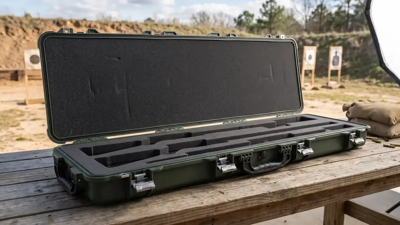 Pistol Case: a long olive case lies open on an outdoor bench, black foam in the lid, machined slots in the base, four latches
