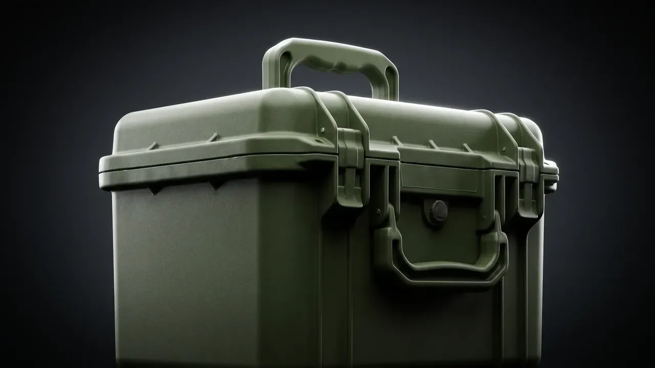 Pistol Case: a closed olive case on a dark background, arched top handle, two front latches, ribbed corners