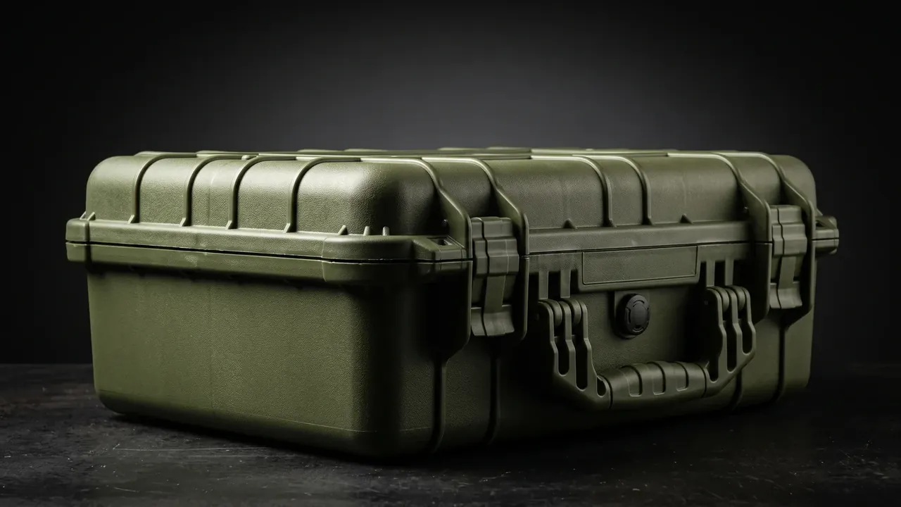 Pistol Case: a closed olive case on a dark surface, ribbed lid, latches at both ends, side handle and pressure valve