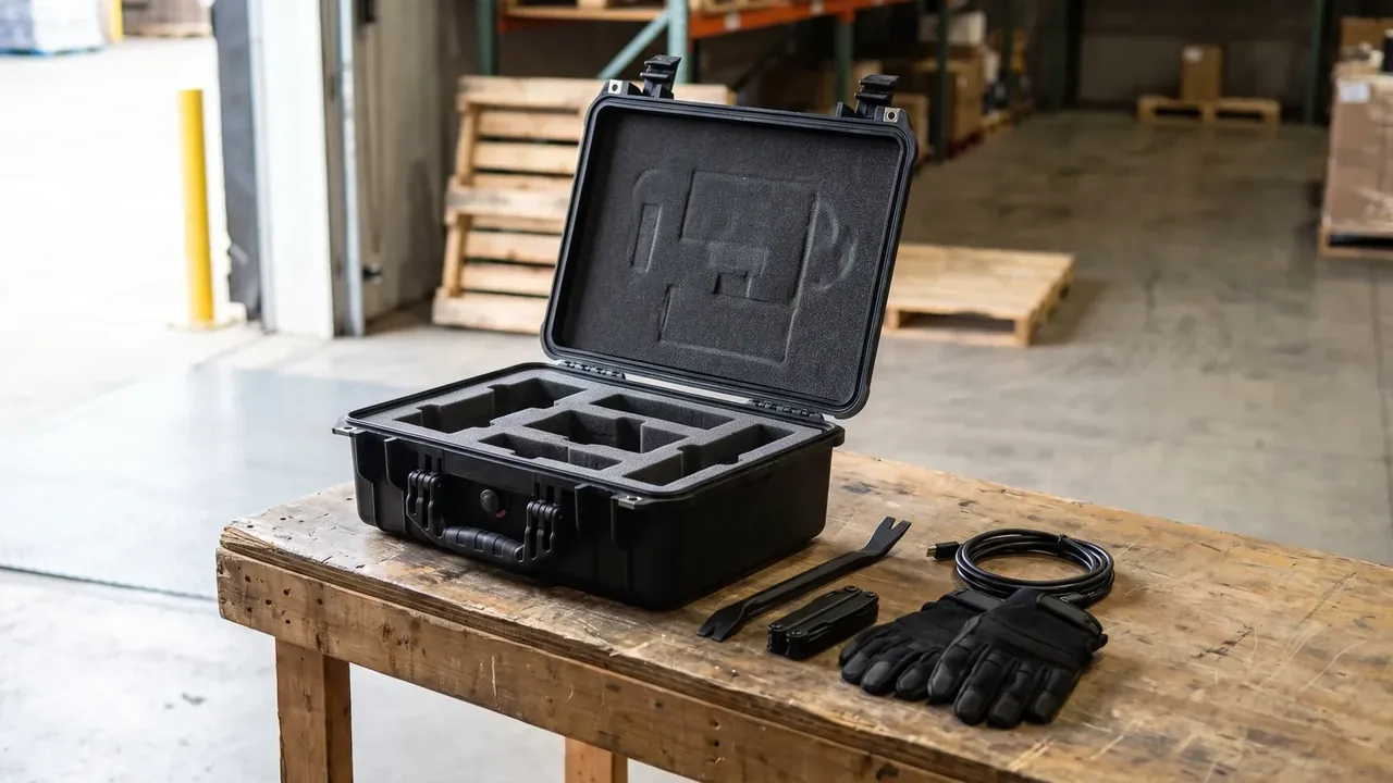Pistol Storage Case: black case open on a warehouse bench, foam in lid, cut compartments, gloves, coiled cable, pry bar, pallets behind
