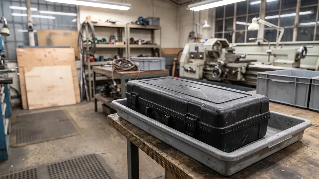 Pistol Storage Case: black hard case closed on a grey plastic tray, three front latches shut, wood bench with steel shelving and a grinder behind