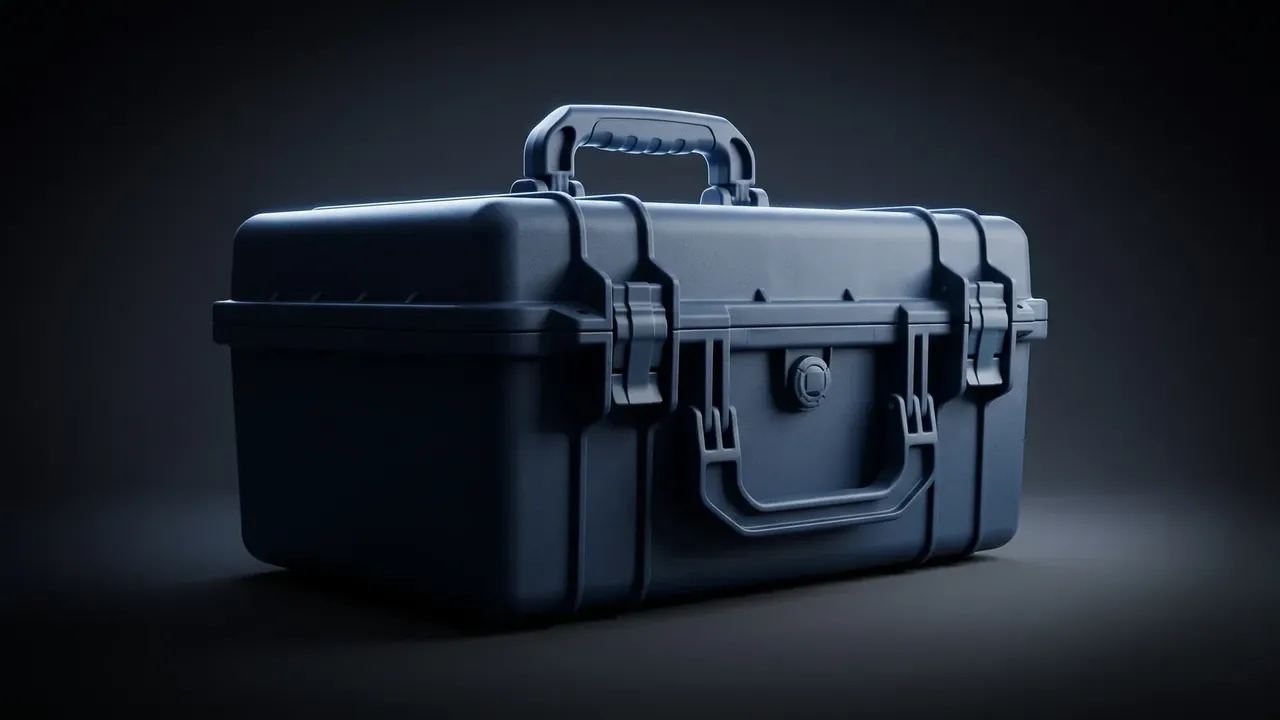 Pistol Storage Case: dark blue moulded case closed on a plain surface, single central handle, one black latch either side, round lock boss between them