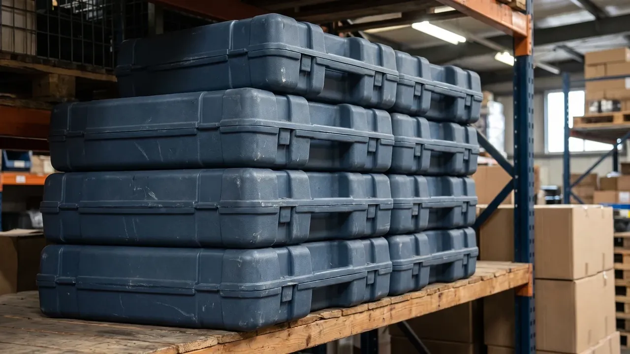 Pistol Storage Case: four dark grey moulded cases stacked on a timber shelf board, identical units in rows, steel racking and cartons behind