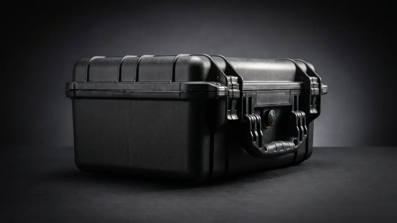 Pistol Storage Case: black case on its side, four lid ribs, two wall ribs, folded handle, red marker by the keeper