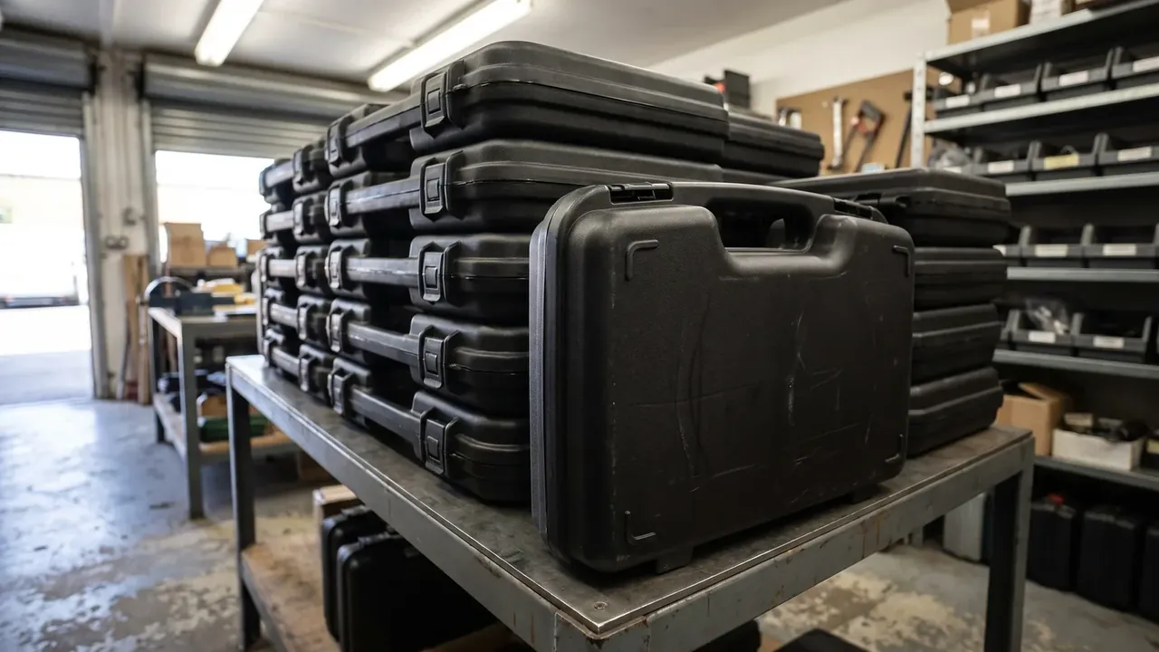 Pistol Storage Case: six tiers of black cases on a steel bench, nearest one side-on with handle recess, roller door behind
