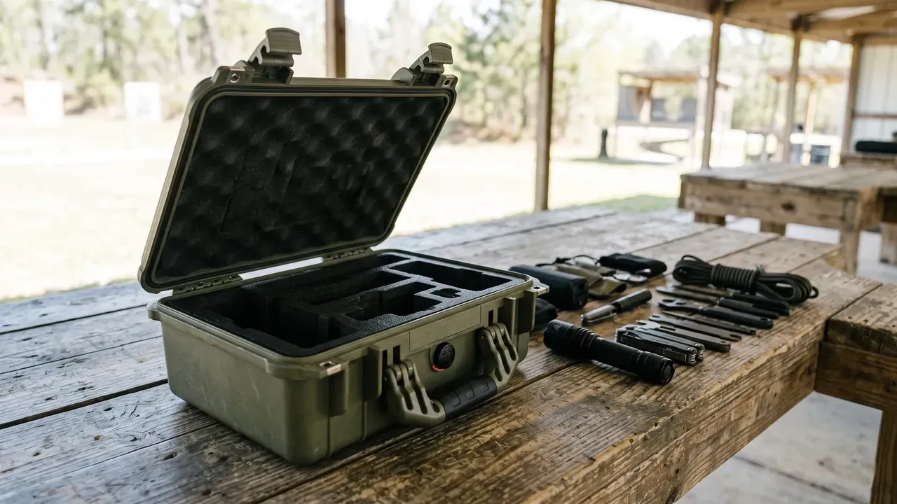 Pistol Storage Case: olive case open on a weathered wooden table in outdoor shelter, egg-crate foam in the lid, empty compartments, torch beside it