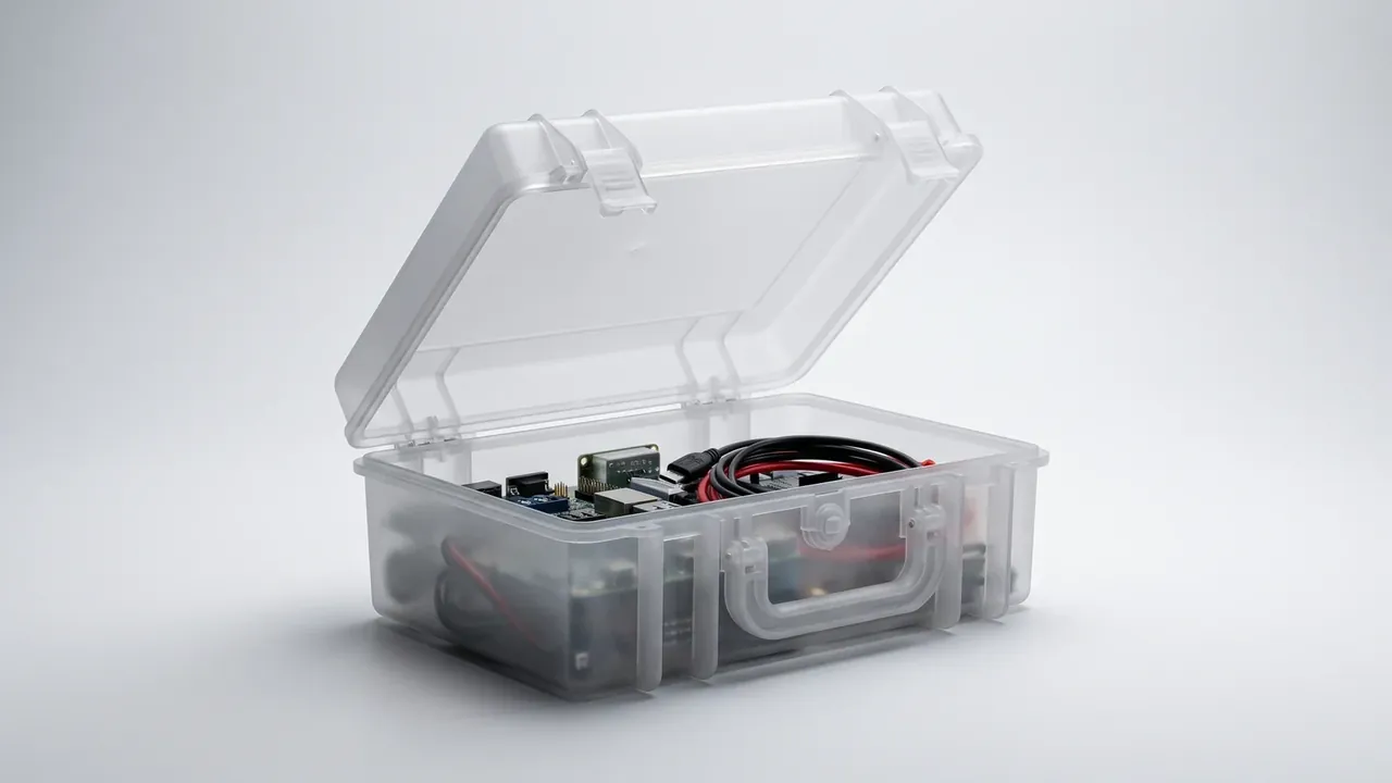 Plastic box container: a clear box open with two lid catches, holding a green circuit board, USB adaptors and coiled red and black cables
