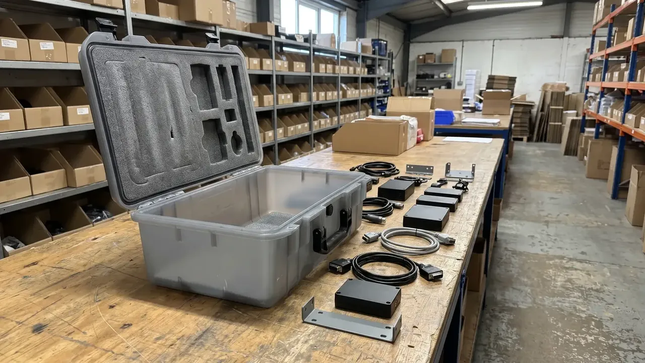 Plastic box container: a grey box open on a wooden bench, foam cut-outs in the lid, coiled cables and black power units beside it