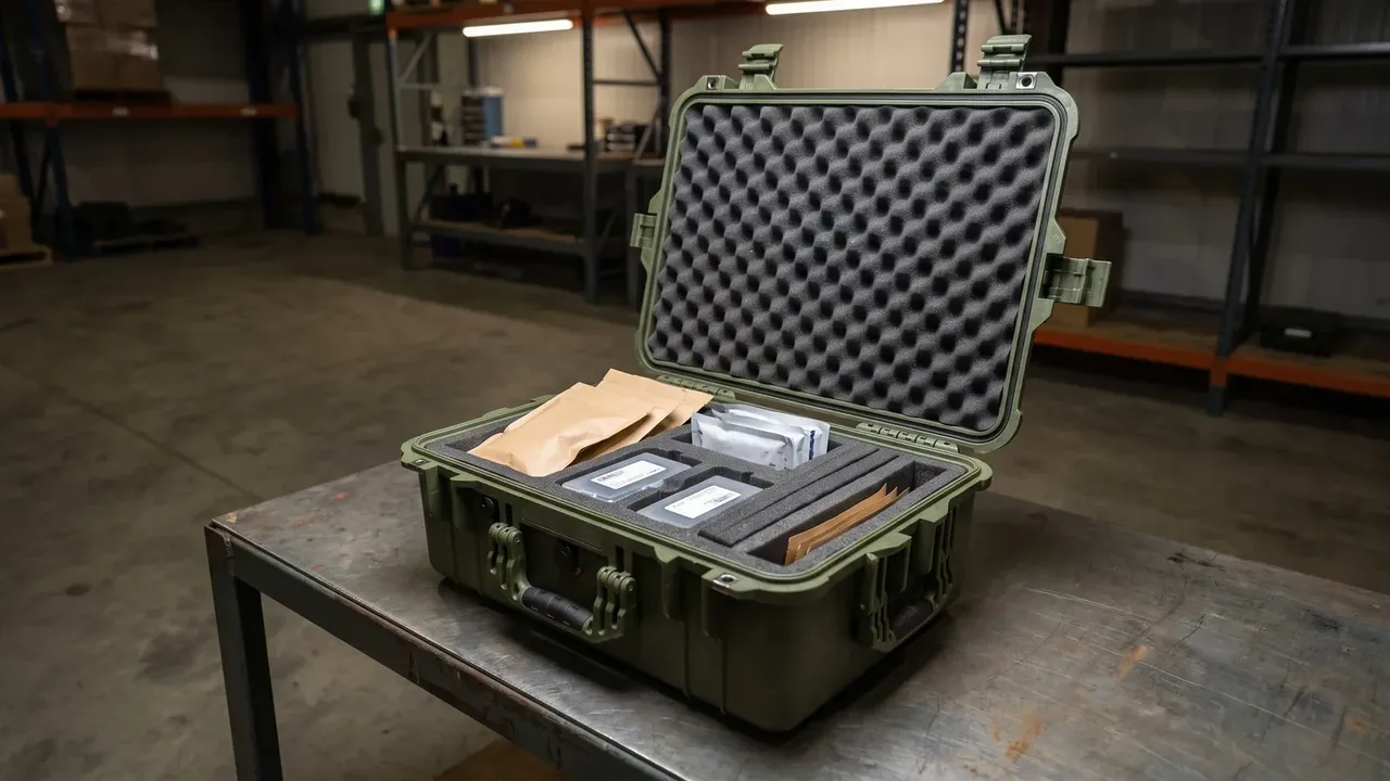 Plastic box manufacturer: olive case standing open, egg crate foam filling the lid, clear boxes in foam cutouts, rubber handle on the front wall
