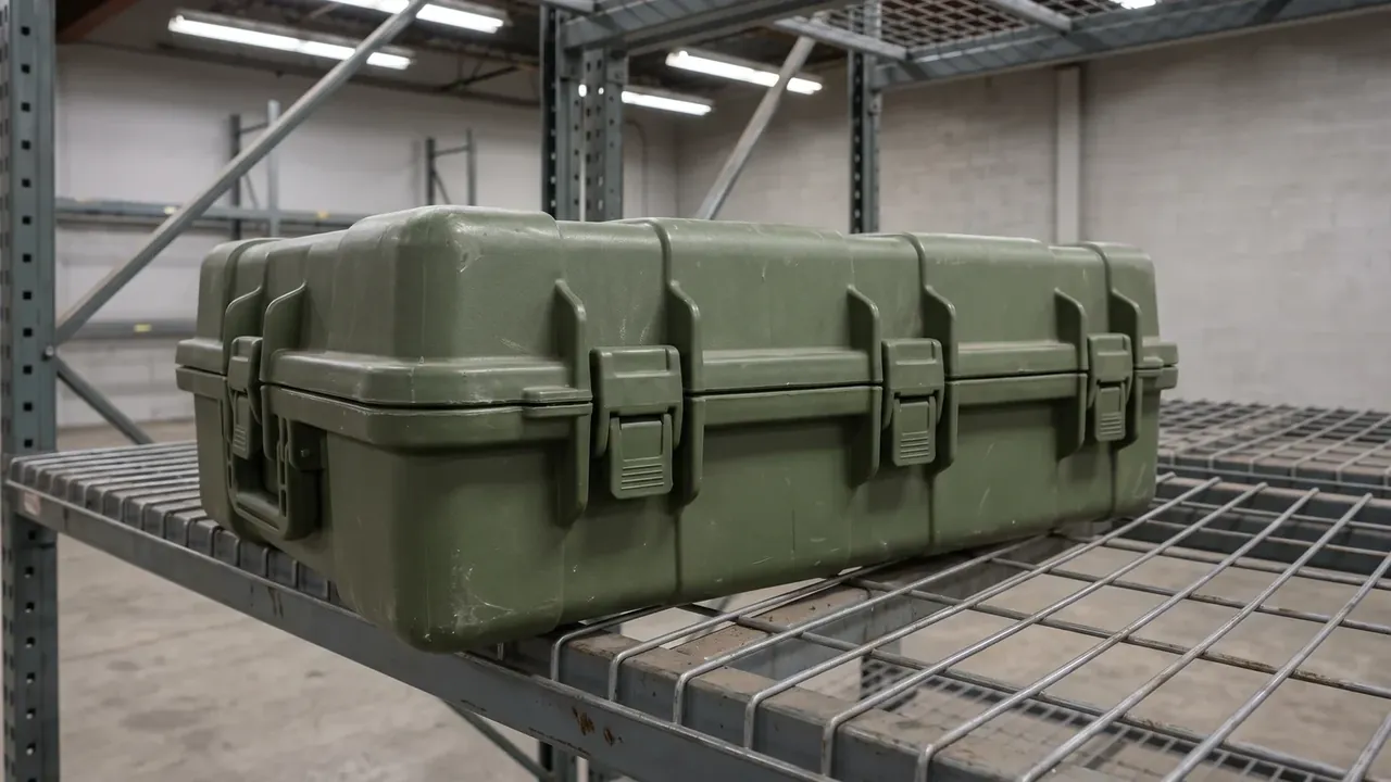 Plastic box manufacturer: long olive case on a galvanised wire shelf, vertical ribs and four black draw latches, grey racking behind