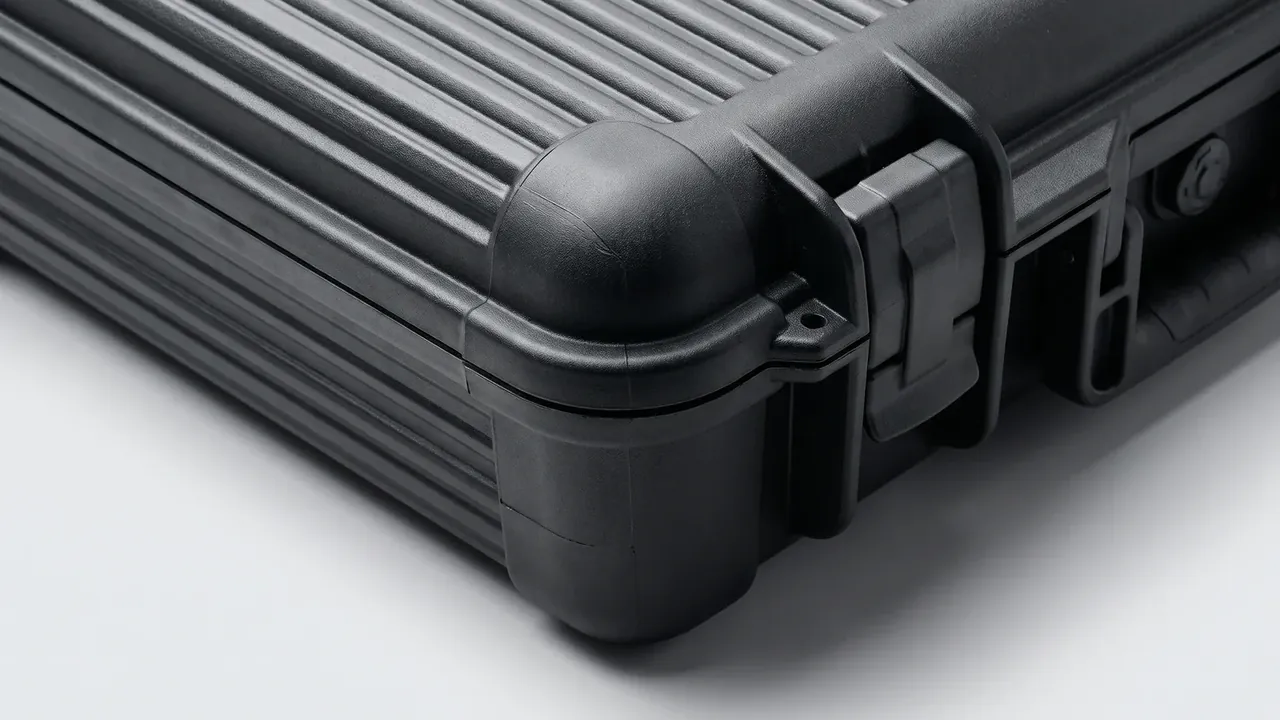 Plastic box organizer: detail of a black moulded case corner, parallel ribs across the lid, thick rounded corner bumper, one hinged latch and the root of another