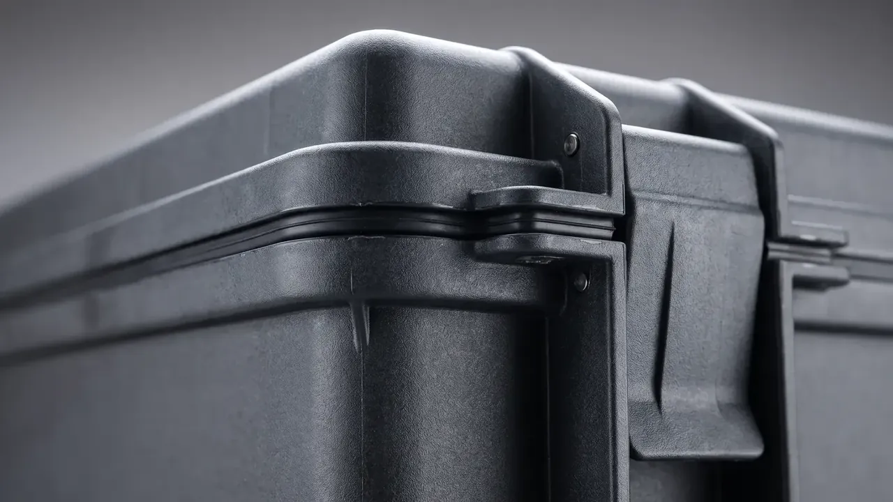 Plastic box storage corner in close-up, black textured shell with a separate corner cap over the seam, black gasket in the groove, two screws