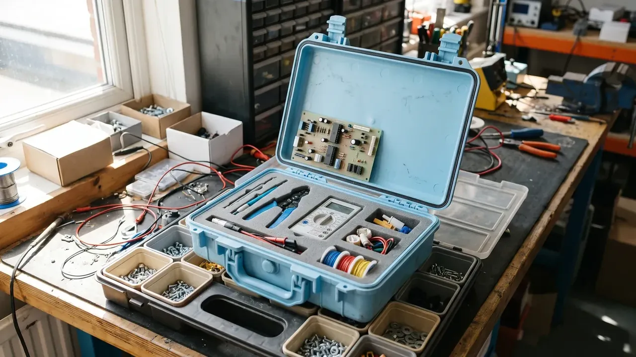 Plastic box with lid: pale blue case open 100 degrees on an electronics bench, green board glued inside the lid, dividers holding pliers