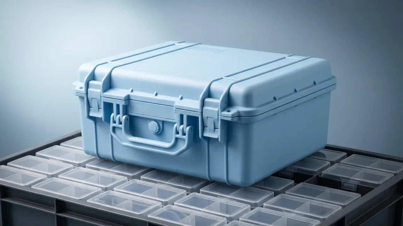 Plastic box with lid: pale blue case closed on a grid of translucent trays, two latches and a folding handle at the front, grey backdrop