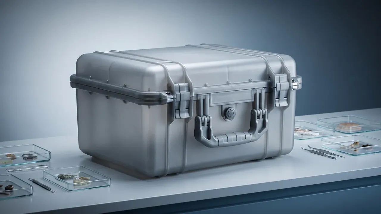 Plastic boxes for moving: a silver-grey moulded case closed on a white bench, two symmetrical front latches, folding handle, round pressure relief valve